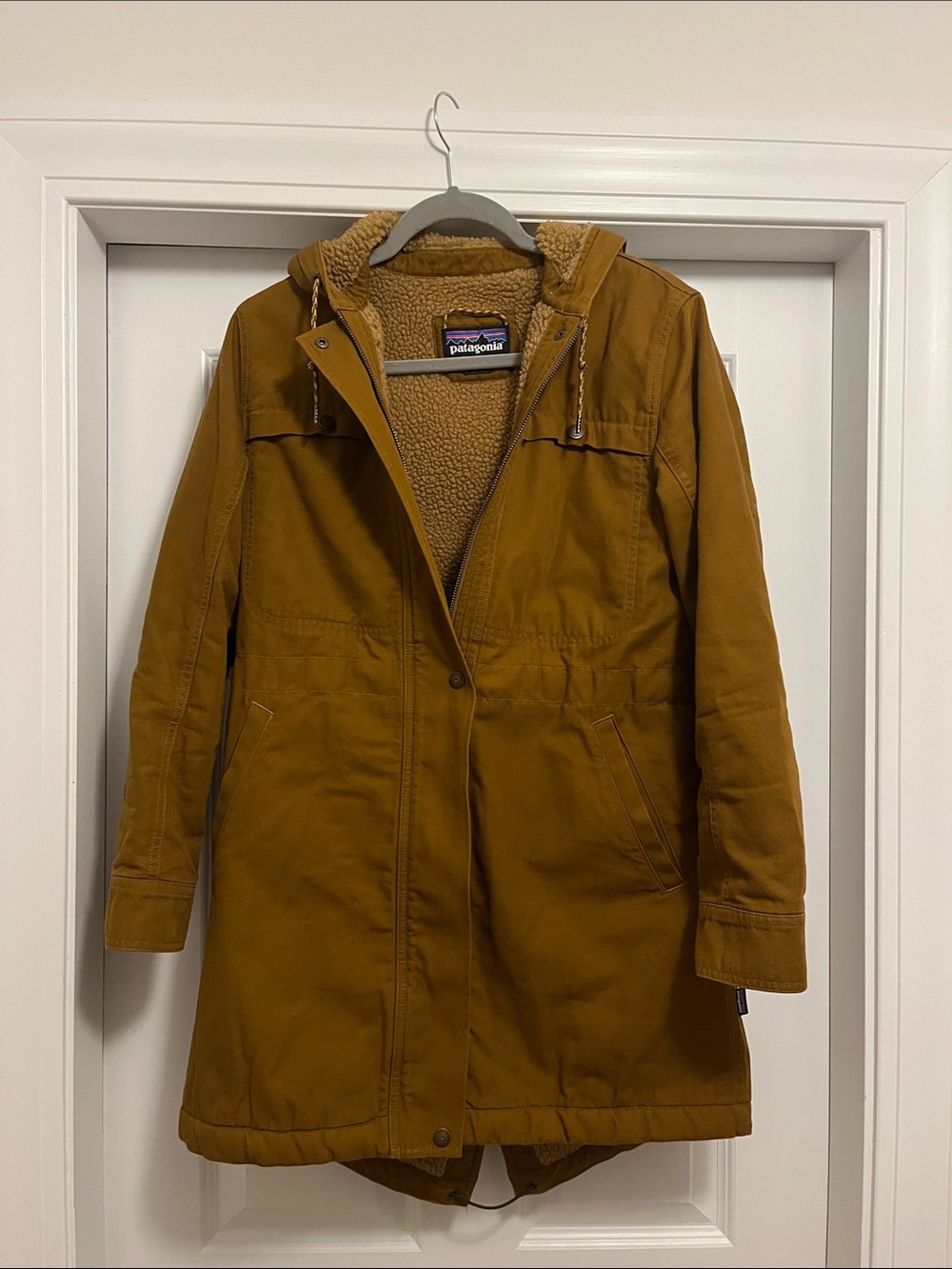 Patagonia Mustard Brown Hooded Sherpa-Lined Trench Coat